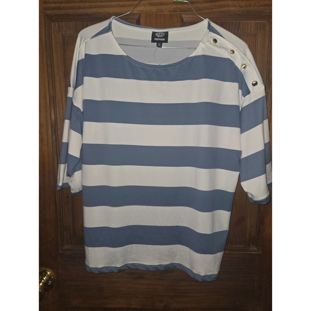 Bobeau Women Blue White Striped Boat Neck Top Gold Shoulder Buttons Size M